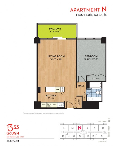 Floor plan for 1 bed, 1 bath, 762 sqft